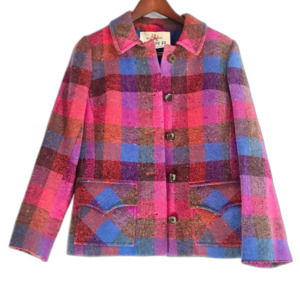 Vintage 1970s-Era Richard Barr Ireland Bright Pink Plaid 100% Wool Blazer Jacket